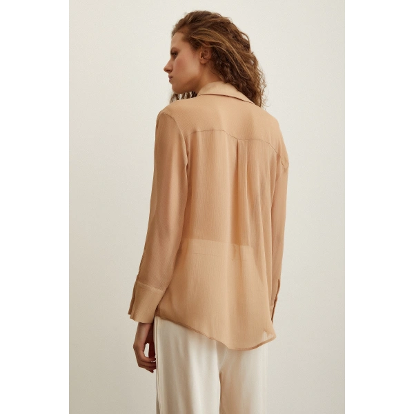 V Yaka Tül Gömlek Nude