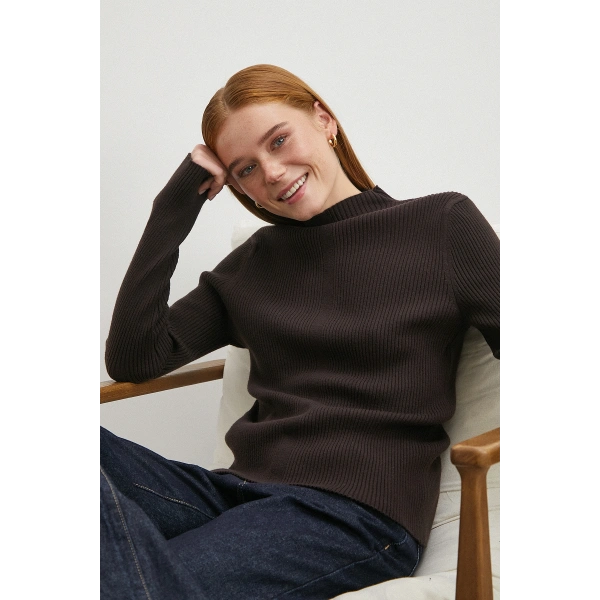 Fitilli Yarım Balıkçı Yaka Kazak Kahve