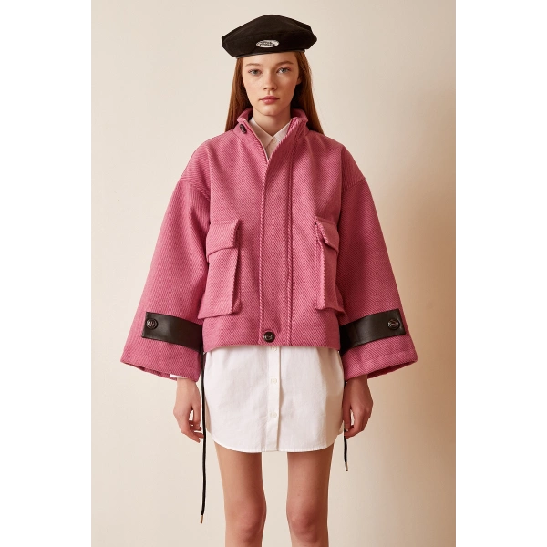 Cep Detaylı Bağcıklı Crop Ceket Pembe