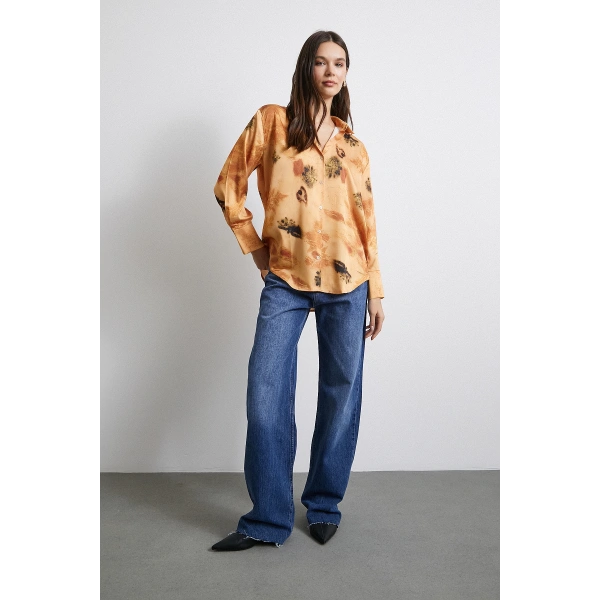 V Yaka Desenli Gömlek Somon