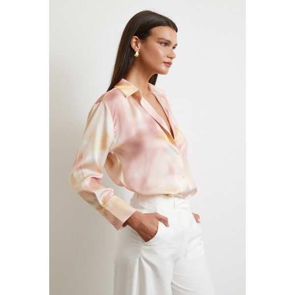 Ebruli Desen Saten GömleK Pembe