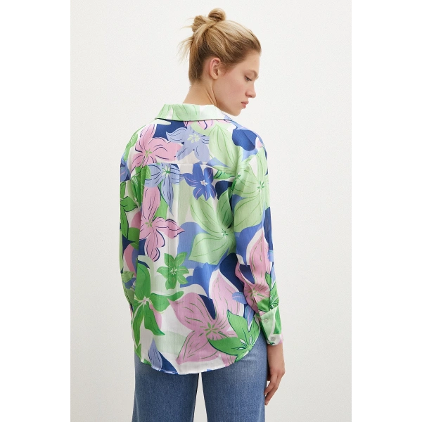 Çiçek Desen Saten Gömlek Yeşil