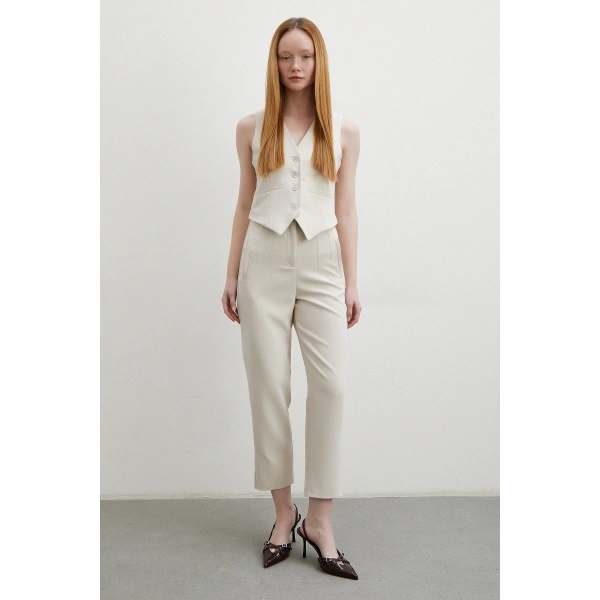 Önü Pensli Skinny Kumaş Pantolon Bej