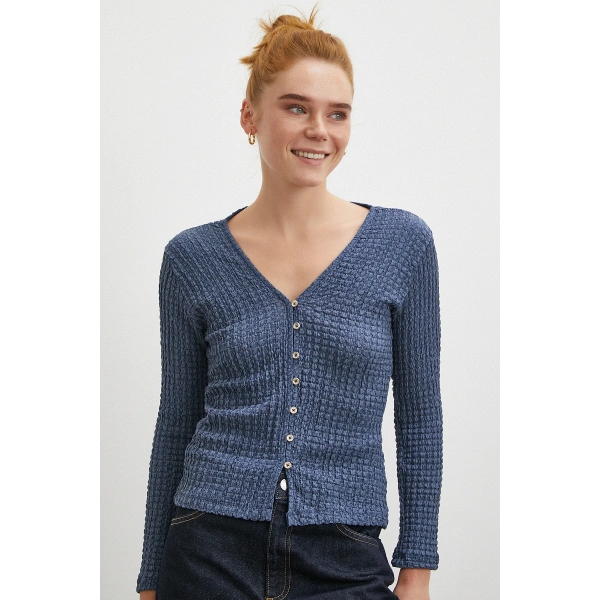 V Yaka Düğmeli Kazak Lacivert