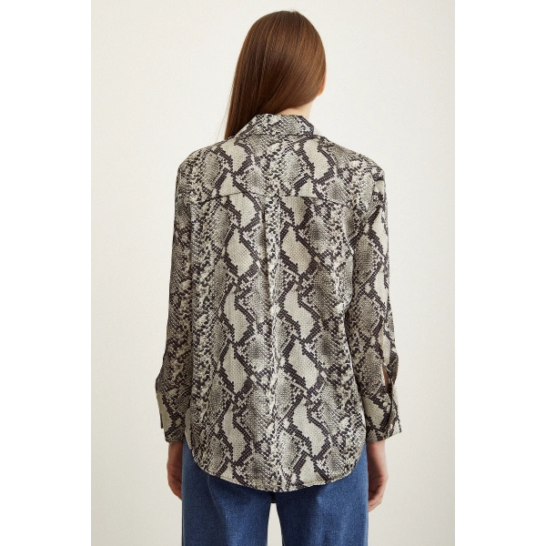 Yılan Desen Saten Gömlek Taş