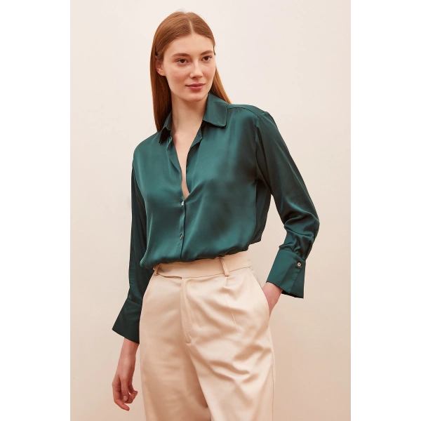 Basic Saten Gömlek Koyu Yeşil