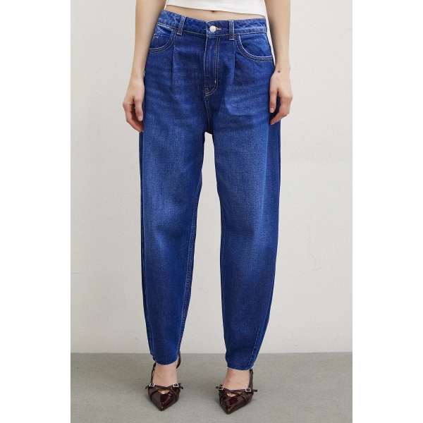 Yüksek Bel Dikişli Kesik Paça Mom Jean Mavi