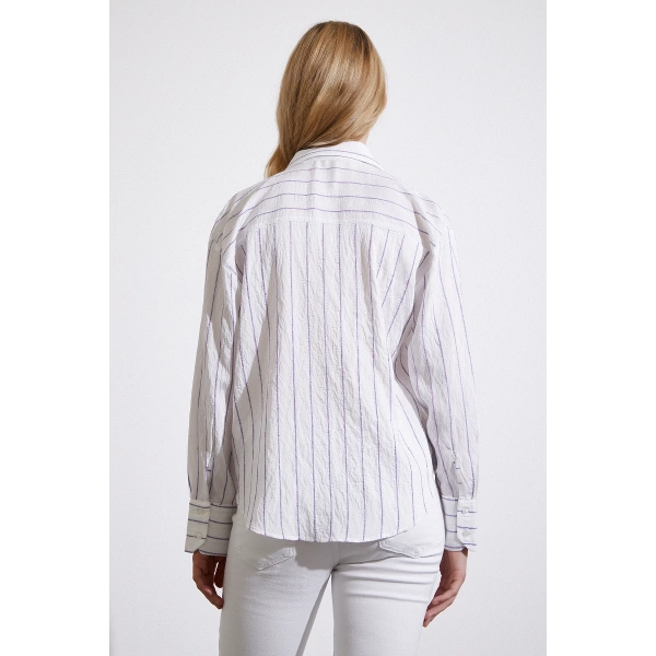 Çizgili Cepli Gömlek Mor