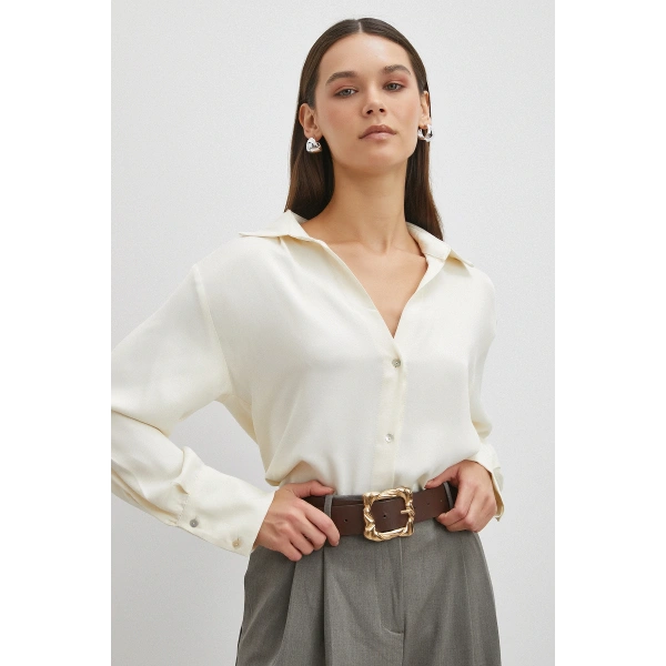 Viskon Saten Gömlek Ekru