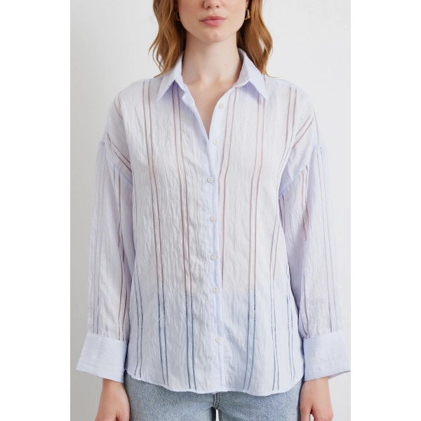 Organze Çizgili Gömlek Mavi