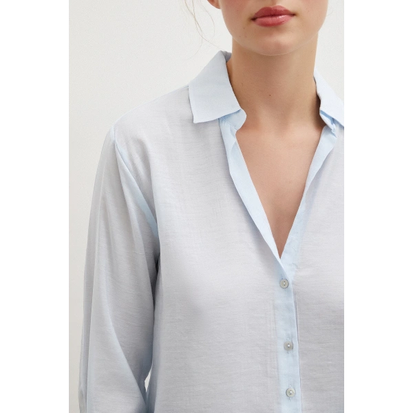 V Yaka Robalı Gömlek Mavi