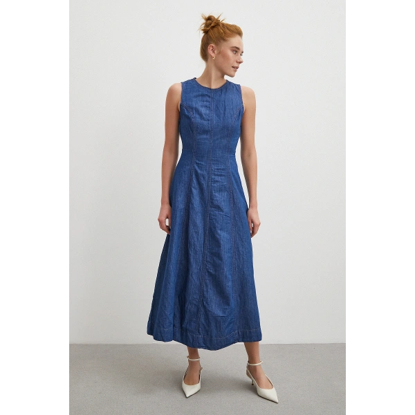 Bisiklet Yaka Kolsuz Premium Uzun Kot Elbise Lacivert