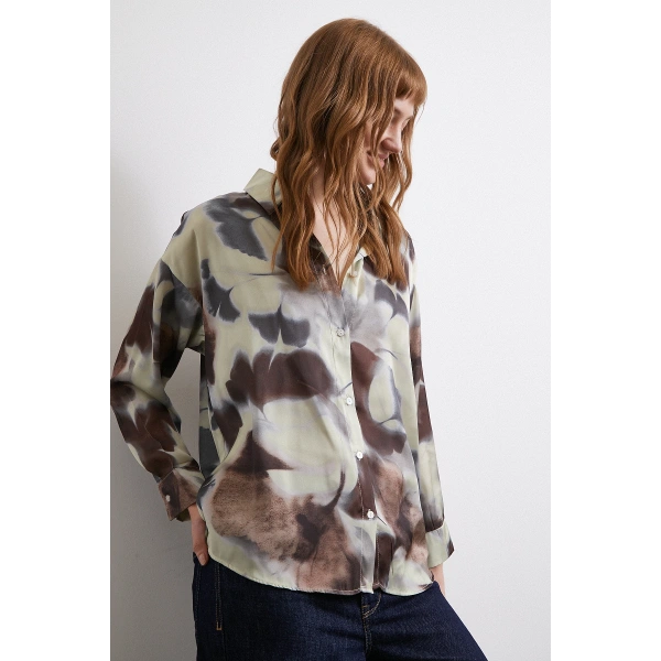 Batik Desen Saten Gömlek Kahve