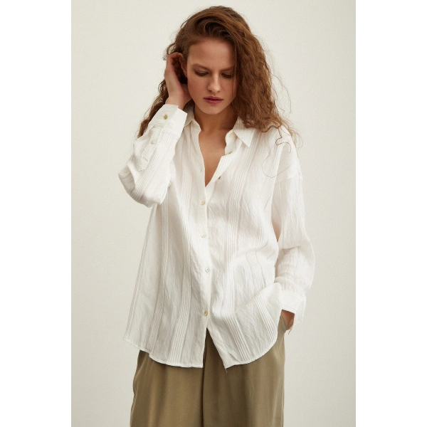 Dokulu Çizgili Gömlek Beyaz