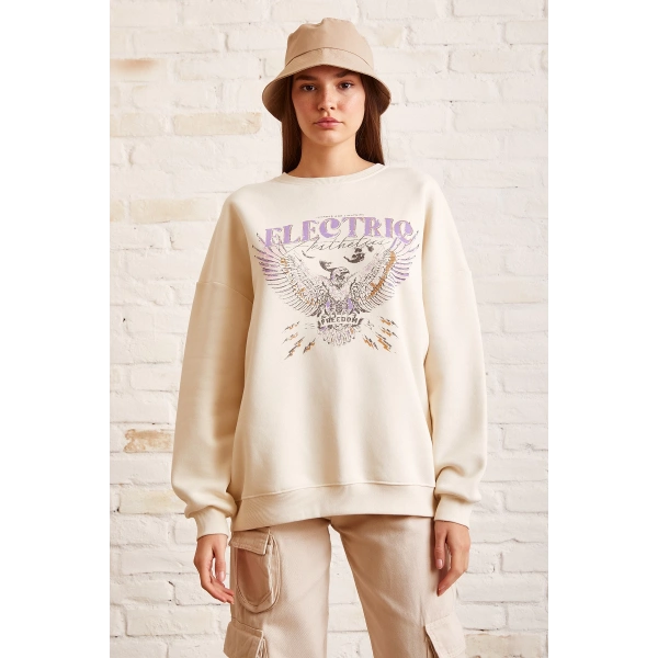 Bisiklet Yaka Baskılı Sweatshirt Krem