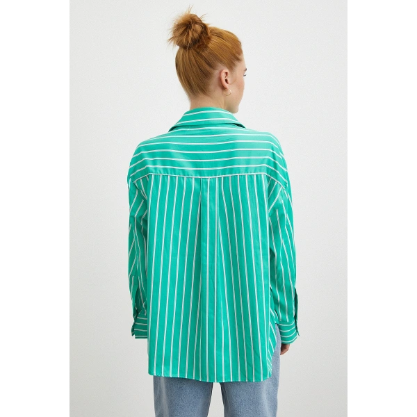 Çizgili Poplin Gömlek Yeşil