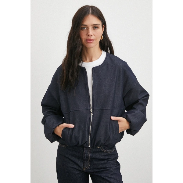 Beli Lastikli Fermuarlı Denim Görünümlü Bomber Ceket Lacivert