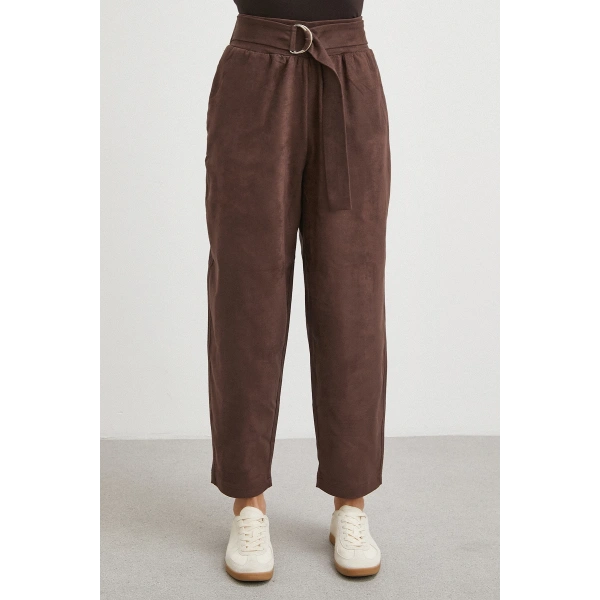 Beli Büzgülü Kemer Tokalı Pantolon Kahve