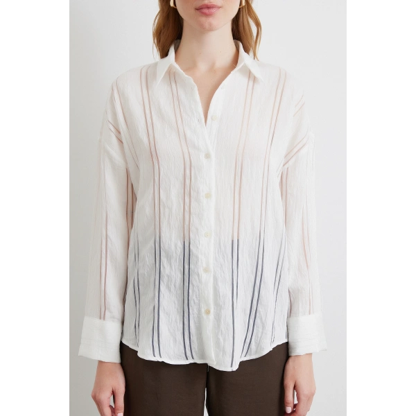 Organze Çizgili Gömlek Ekru