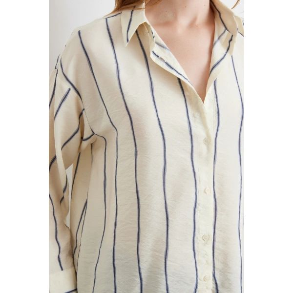Çizgili Modal Gömlek İndigo