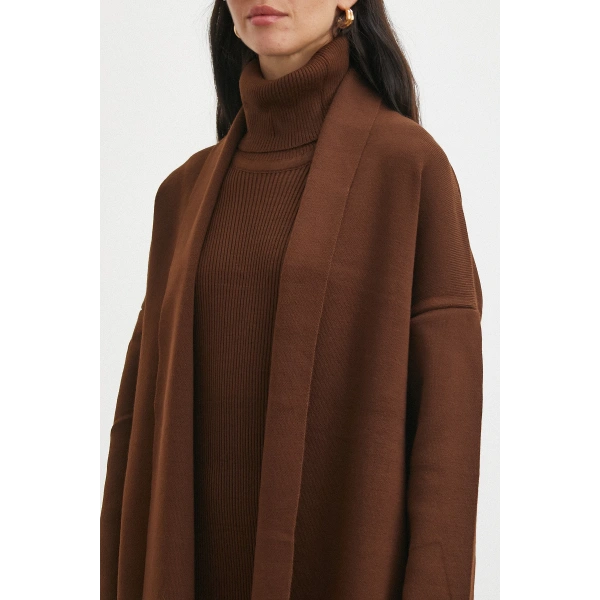 Uzun Elbiseli Hırka Triko Takım Kahve