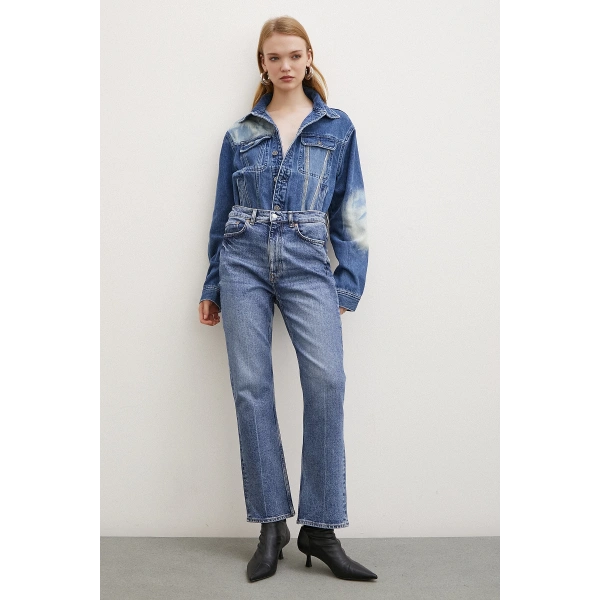 Yüksek Bel Boru Paça Jean Mavi