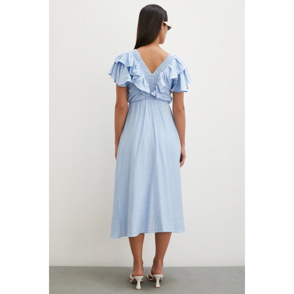 Fırfır Detaylı V Yaka  Gipeli Keten Elbise Mavi