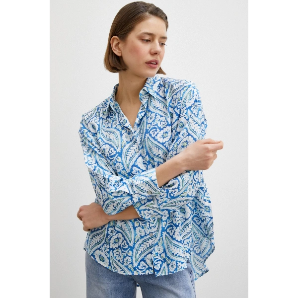 Şal Desen Modal Gömlek Mavi