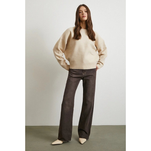 Yüksek Bel Beş Cepli Kesik Paça Jean Kahve