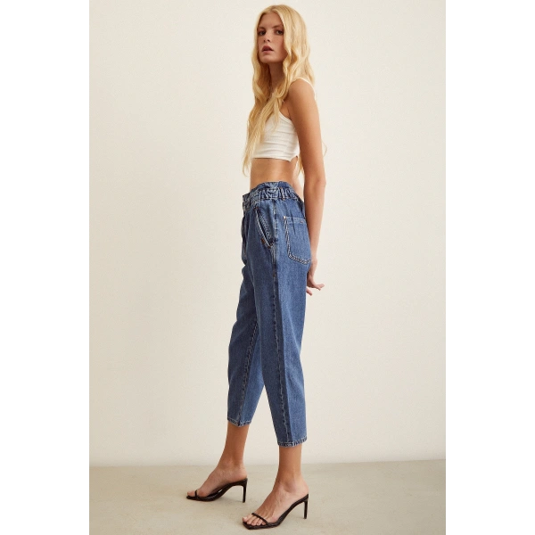 Beli Lastikli Mom Jean Mavi