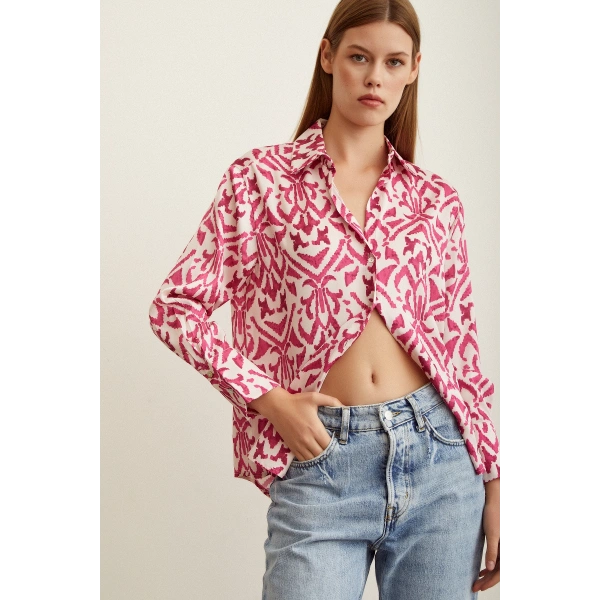 V Yaka Desenli Saten Gömlek Fuşya