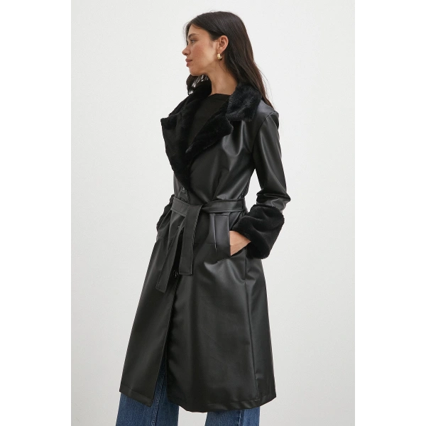 Kürklü Kuşaklı Deri Pardesü Siyah