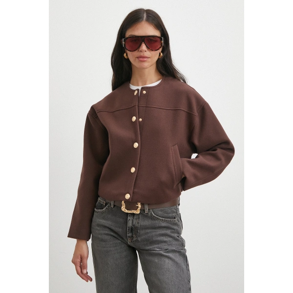 Beli Lastikli Düğmeli Bomber Ceket Kahve