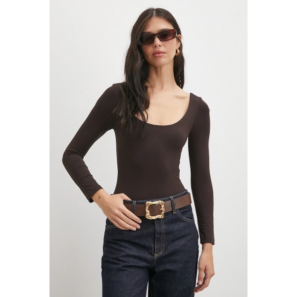 U Yaka Uzun Kollu Çıtçıtlı Bodysuit Kahve