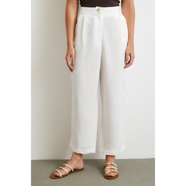 Çift Pileli Keten Pantolon Krem