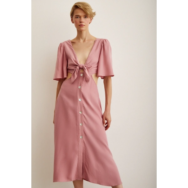 Önü Bağlamalı Balon Omuz Elbise Gül Kurusu