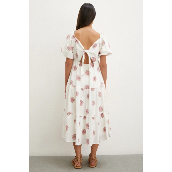 Sırtı Fiyonklu Keten Elbise Pembe