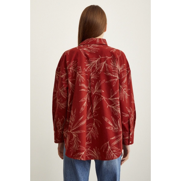 Çiçek Desenli Poplin Gömlek Kiremit