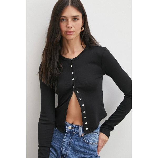 Düğmeli Uzun Kol Bluz Siyah