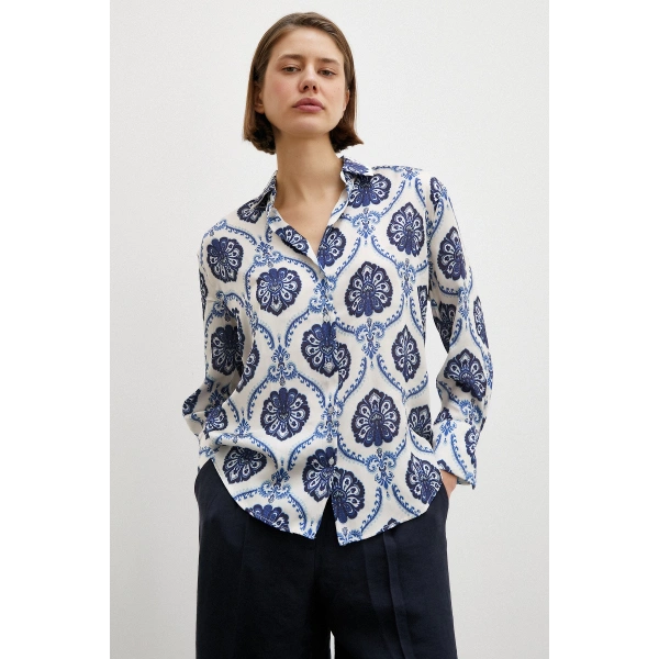 V Yaka Şal Desen Gömlek Lacivert