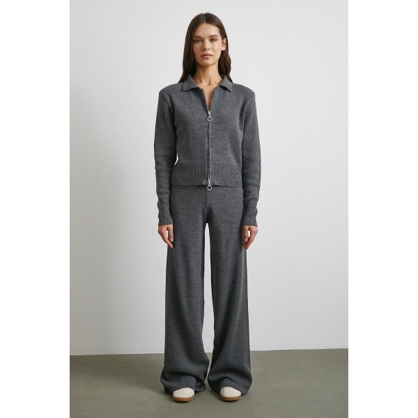 Çift Fermuarlı Hırka Takım Gri