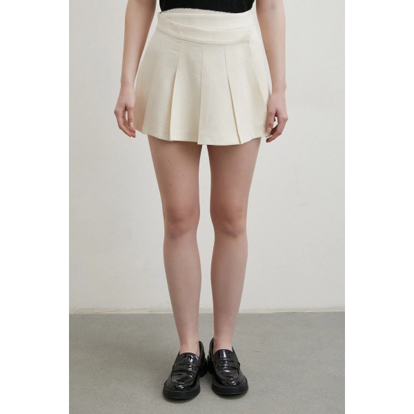 Pileli Şort Etek Ekru