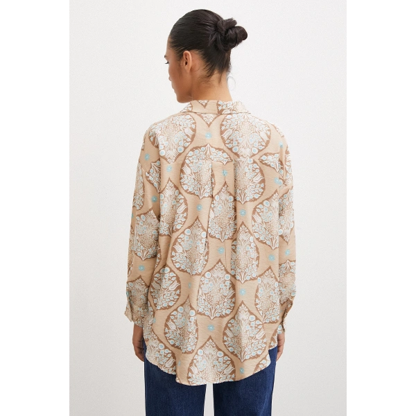 Çini Desenli Modal Gömlek Kahve