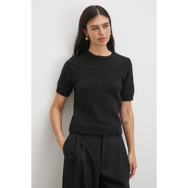 Simli Kısa Kol Kazak Siyah