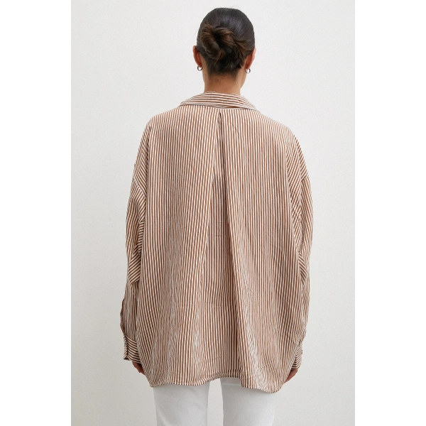 Yarasa Kol Çizgili Gömlek Kahve