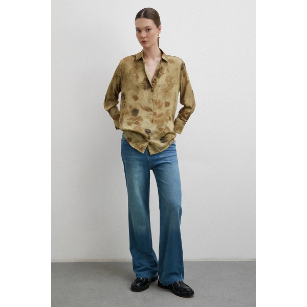 V Yaka Desenli Gömlek Haki