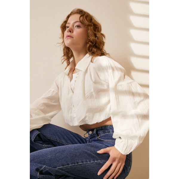 Balon Crop Gömlek Beyaz