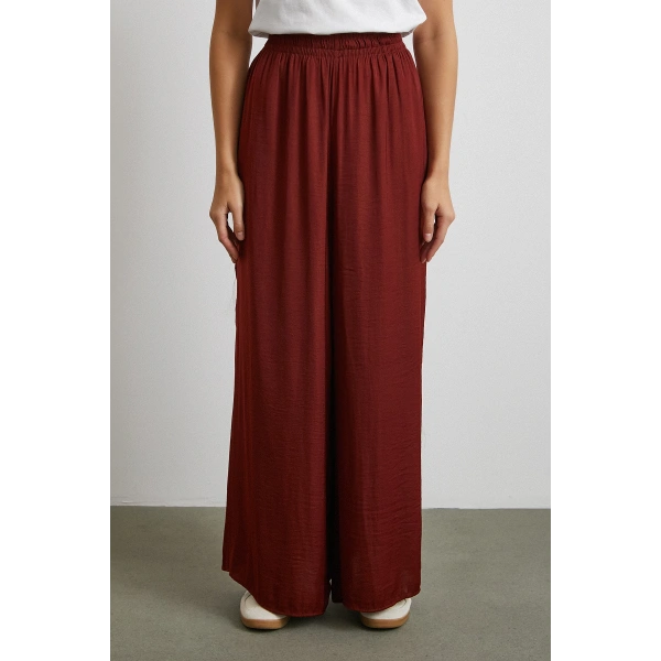 Beli Lastikli Dökümlü Geniş Paça Pantolon Kahve