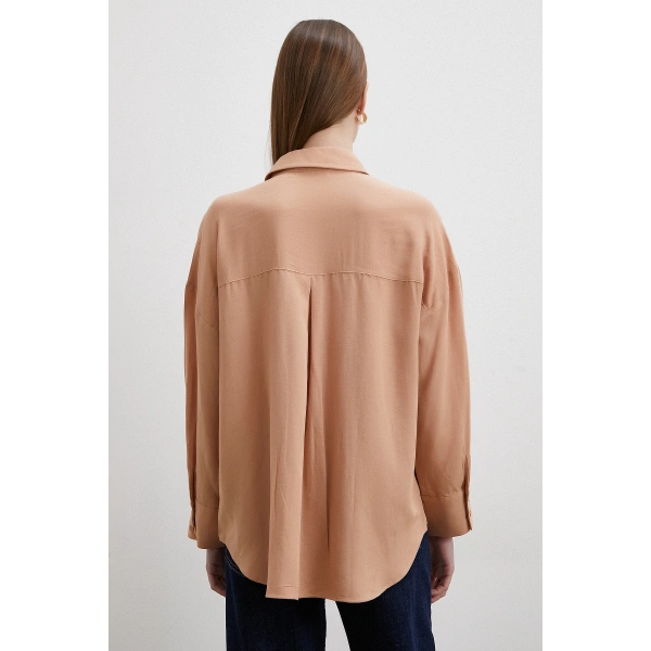 Keten Karışımlı Linen Prunes Gömlek Pudra