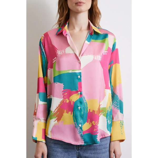 V Yaka Desenli Gömlek Pudra